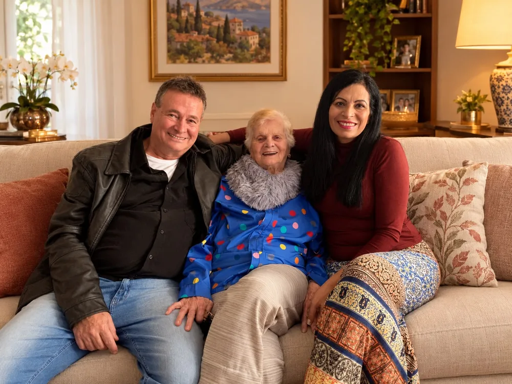 Tânia Grossi com a sogra e o marido, sentados juntos em um sofá